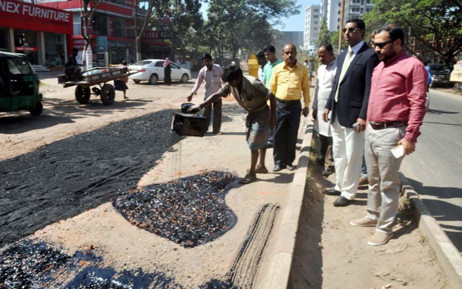 CCC Acting Mayor Nisar Uddin Ahmed Monju visiting road development work at Agrabad in the city yesterday.