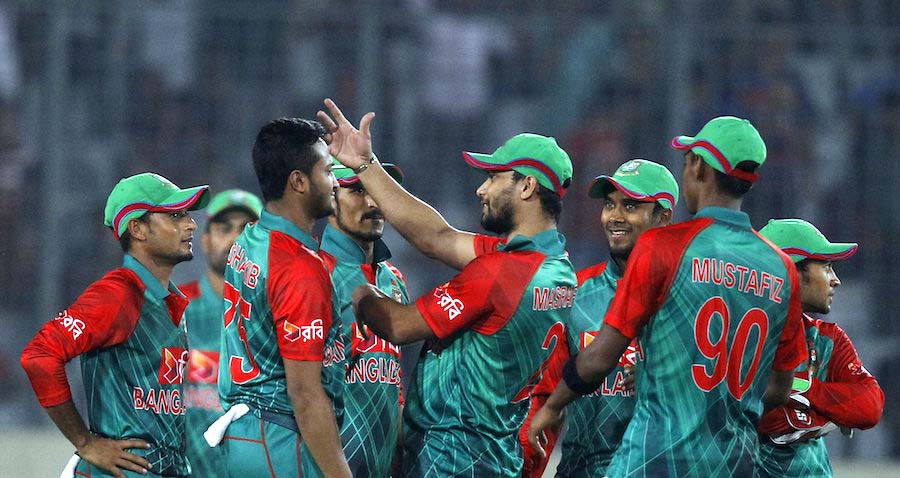 Shakib Al Hasan (second left) celebrates with teammates after the dismissal of Zimbabweâ€™s Craig Ervine during their first One Day International cricket match at the Sher-e-Bangla National Cricket Stadium on Saturday.
