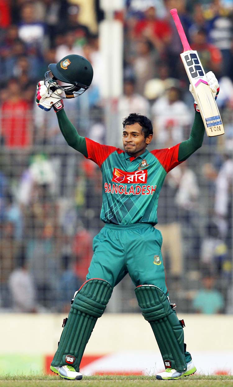 Mushfiqur Rahim acknowledges the crowd after scoring a century during the first One Day International cricket match against Zimbabwe at the Sher-e-Bangla National Cricket Stadium on Saturday.