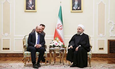 Iranian president Hassan Rouhani (R) meets EU Parliament President Martin Schulz in Tehran on Saturday.