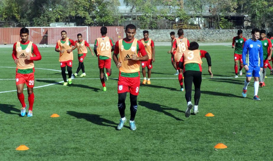 Players of Bangladesh National Football team took part at a practice session at the Artificial Turf Outer Main Stadium ground, Dushanbe on Sunday.