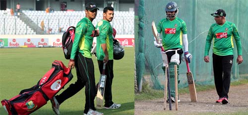 Members of Bangladesh National Cricket team during their practice session at the Sher-e-Bangla National Cricket Stadium in Mirpur on Sunday. Banglar Chokh