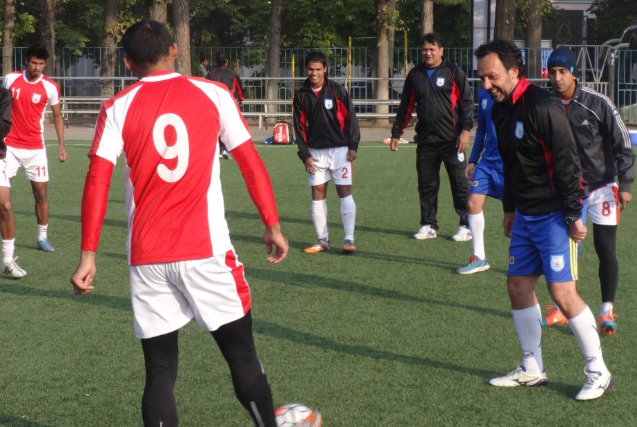 Members of Bangladesh National Football team during their practice session at the Dushanbe Outer Stadium Artificial Turf in Tajikistan on Monday.