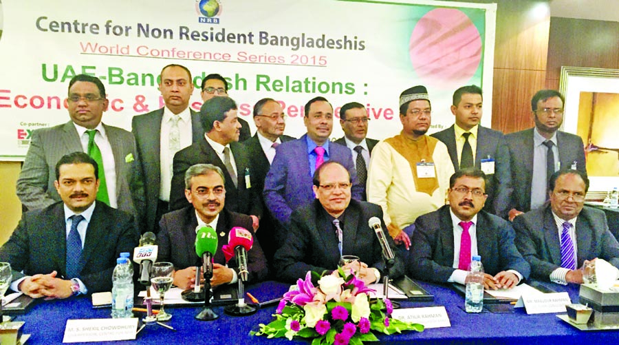 Bangladesh Bank (BB) Governor Dr. Atiur Rahman speaking at a global conference of the NRB Center at Hotel Crown Plaza in Dubai on Tuesday.