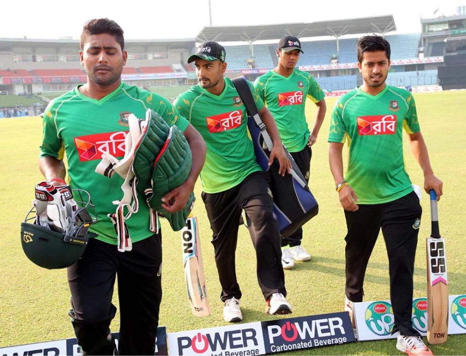 Players of Bangladesh National Cricket team coming out from the field after completing their practice session at the Sher-e-Bangla National Cricket Stadium in Mirpur on Tuesday.