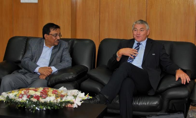 A meeting was held at the Ministry of Home Affairs on Tuesday. Minister for Home Affairs Asaduzzaman Khan (left) discussing with the member of Australian delegation at the Ministry.