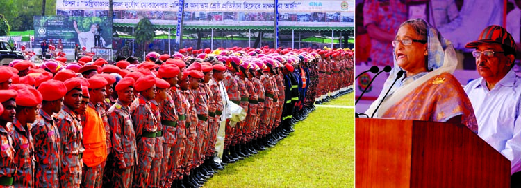 Prime Minister Sheikh Hasina speaking at the inauguration of Fire Service and Civil Defense Week-2015 at the Fire Service and Civil Defense Training Complex in the city's Mirpur on Wednesday. BSS photo