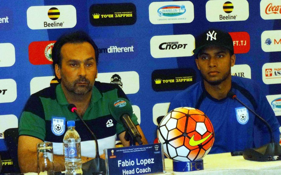 Head Coach of Bangladesh National Football team Fabio Lopez (left) addressing a press conference at the conference room of Hyatt Regency Hotel in Dushanbe, Tajikistan on Wednesday.