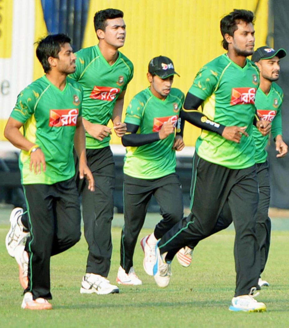 Players of Bangladesh National Cricket team during their practice session at Khan Shaheb Osman Ali Stadium in Fatullah on Thursday.