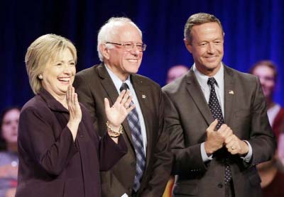 Democratic presidential candidates Hillary Rodham Clinton, from left, Sen. Bernie Sanders, I-Vt., and former Maryland Gov. Martin O'Malley, smile after a Democratic presidential candidate forum at Winthrop University in Rock Hill, S.C.