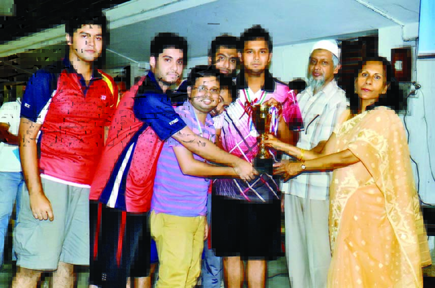 Vice-Chancellor of BUET Professor Khaleda Ekram handing over the championship trophy of the Inter-Hall Table Tennis Competition to the team leader of Titumir Hall on Thursday at the BUET Play Ground. Professor Dr M Delwar Hossain, Director, Directorate of