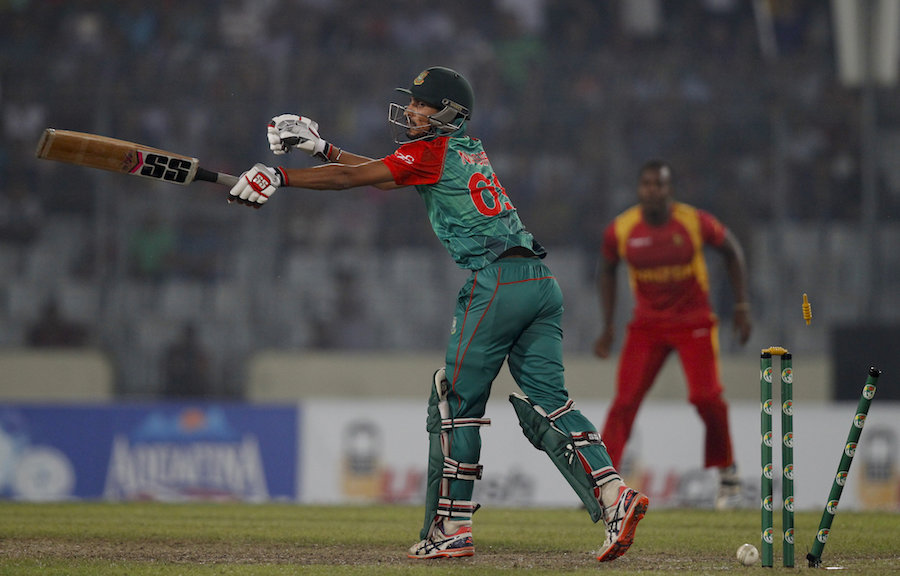 Nasir Hossain was bowled by Tinashe Panyangara during the 2nd T20 match between Bangladesh and Zimbabwe at the Sher-e-Bangla National Cricket Stadium on Sunday.