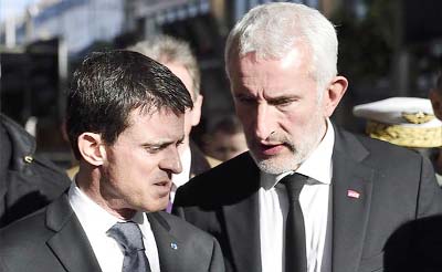 French Prime Minister Manuel Valls at the Gare du Nord railway station in Paris on Sunday, speaks about security measures following a series of coordinated attacks in and around Paris.