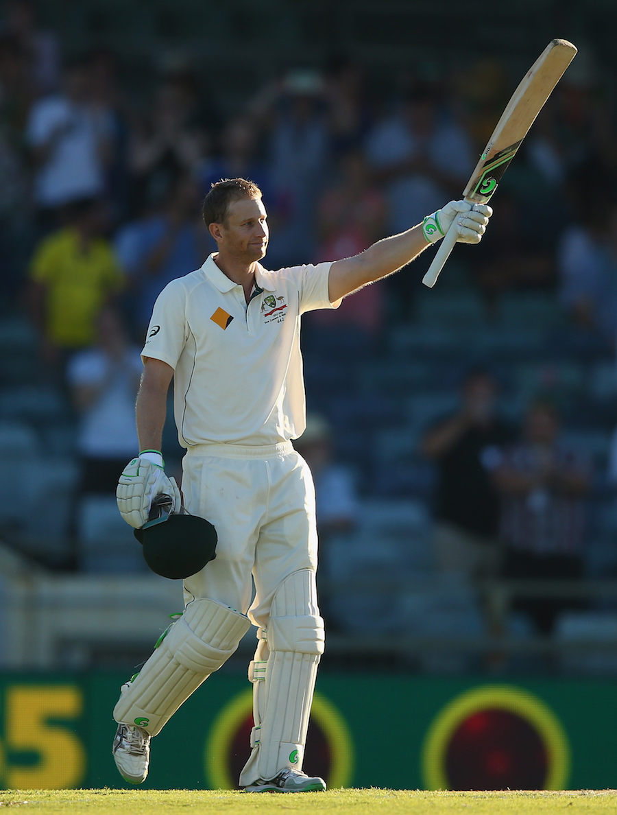 Adam Voges of Australia celebrates after reaching his century during day four of the second Test match between Australia and New Zealand at the WACA ground in Perth, Australia on Monday.
