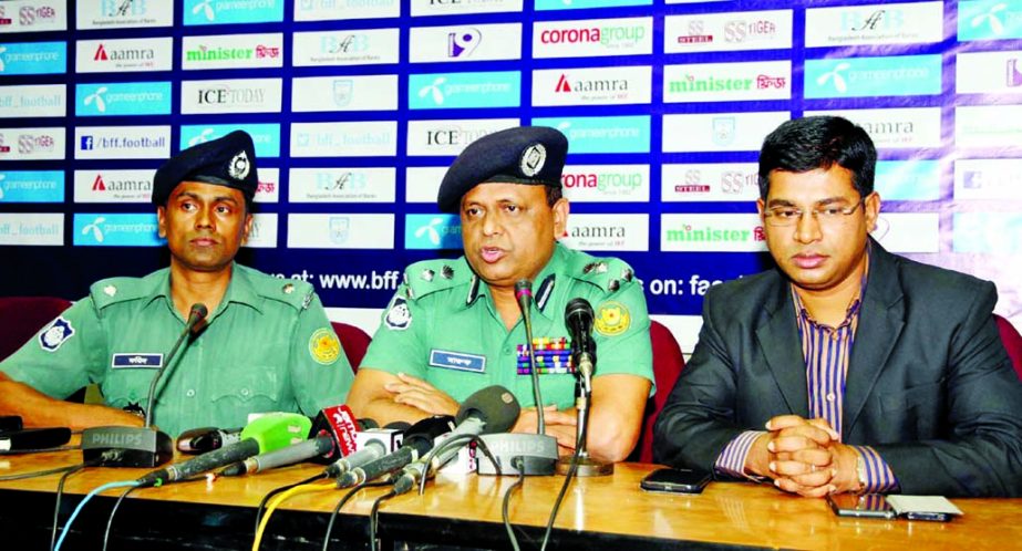 Security officer and DIG Sheikh M Maruf Hasan addressing to the pressmen at the Bangladesh Football Federation conference room on Monday.