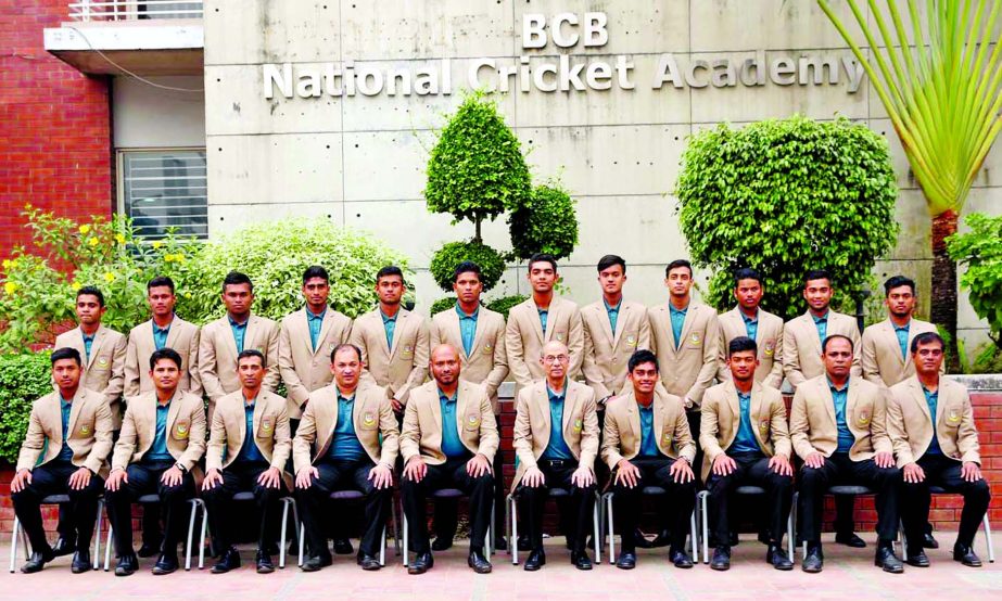 Members of Bangladesh Under-19 Cricket team pose for a photograph at the BCB National Cricket Academy in Mirpur on Wednesday before leaving for India.