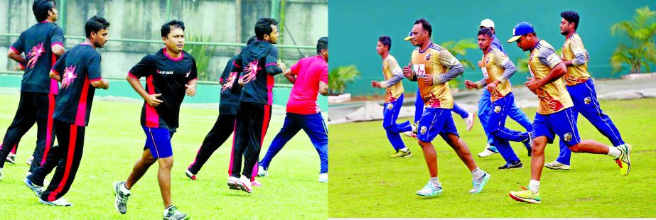 Players of Sylhet Super Star (left) and cricketers of Comlla Victorians (right) during their respective practice sessions at the BCB National Cricket Academy Ground in Mirpur on Wednesday.