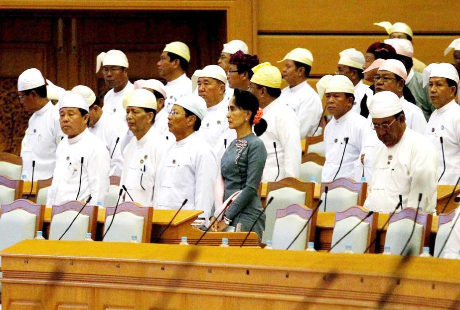 National League for Democracy (NLD) party leader Aung San Suu Kyi attends Myanmar's first parliament meeting after the November 8 general elections, at the Lower House of Parliament in Naypyitaw .