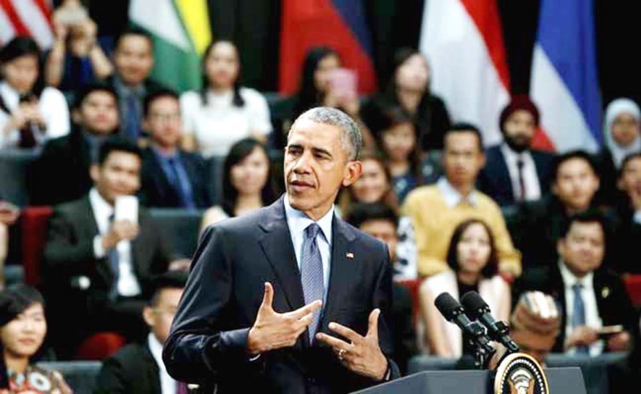 US President Barack Obama participates in a town hall meeting with Young Southeast Asian Leaders Initiative (YSEALI) attendees at Taylor's University in Kuala Lumpur on Friday.