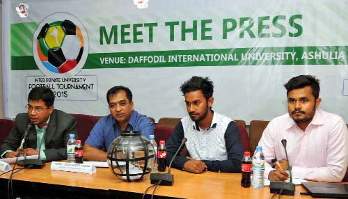 General Secretary of Bangladesh Football Federation Md Abu Nayeem Shohag (left) addressing a press conference at the BFF House on Saturday.