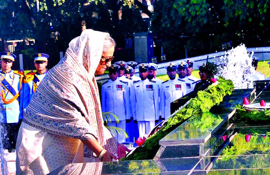 Prime Minister Sheikh Hasina pays homage to martyred members of the Bangladesh Armed Forces during Liberation War by placing wreaths at Shikha Anirban at Dhaka Cantonment on Saturday.