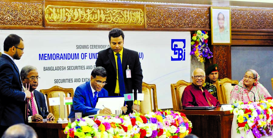 Prime Minister Sheikh Hasina and Finance Minister Abul Maal Abdul Muhith were present at the MoU signing ceremony on Securities and Exchange Board of India Ges Bangladesh Securities Exchange Commission at Prime Minister's Office on Sunday. Photo BSS