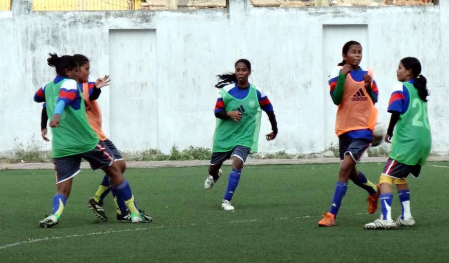 Players of Bangladesh National Women's Football team during their practice session at the BFF Artificial Turf on Monday.