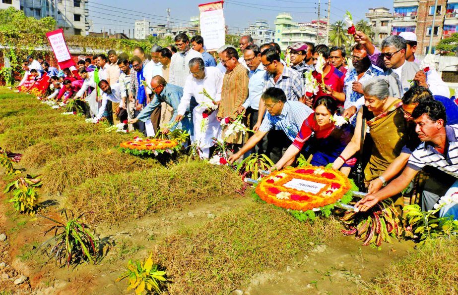 Various organisations and family members of victims of Tazreen Fashions fire placing wreaths at Jurain graveyard marking the three years of the incident on Tuesday.