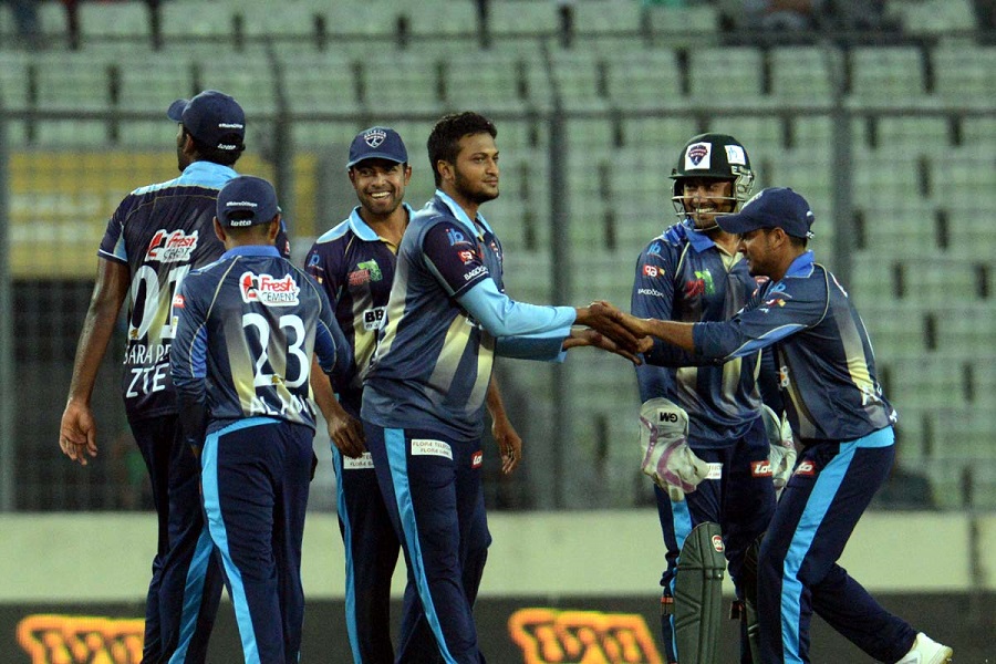 Sakib Al Hasan of Rangpur Riders celebrates a wicket of Dhaka Dynamites in the Bangladesh Premier League at the Sher-e-Bangla National Cricket Stadium in Mirpur on Wednesday.