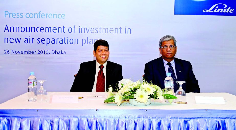 Moloy Banerjee, Country Cluster Head of Linde Gases' South Asian business, speaking at a press conference on "announcement of investment in new air separation plant" in the city hotel on Thursday. Erphan Shihabul Matin, Managing Director of Linde Bangl