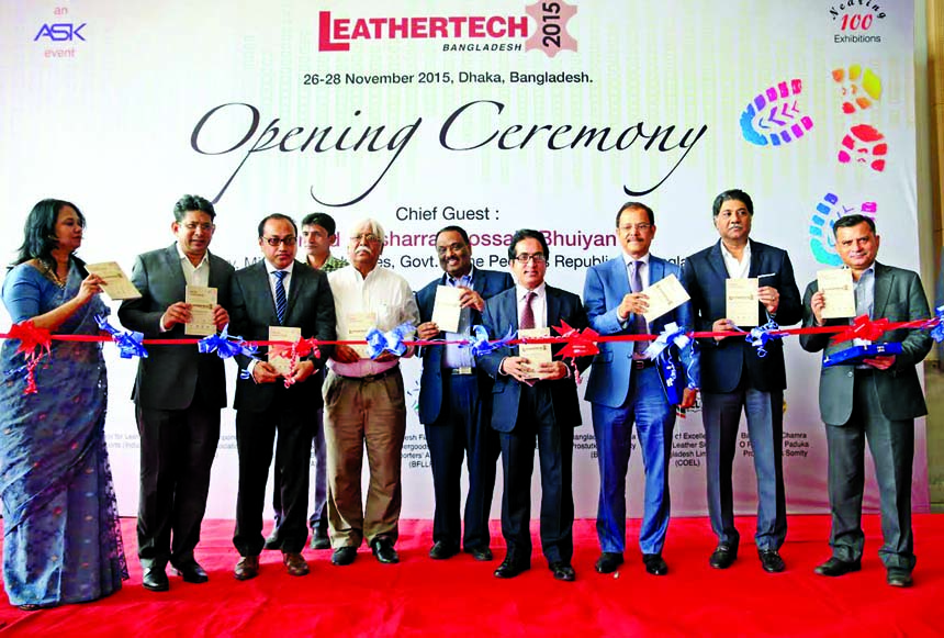 Md. Mosharraf Hossain Bhuiyan, Secretary for Ministry of Industries and business leaders of leather sector pose at the inaugural ceremony of Leathertech Bangladesh 2015 at International Convention City, Bashundara in the city recently.