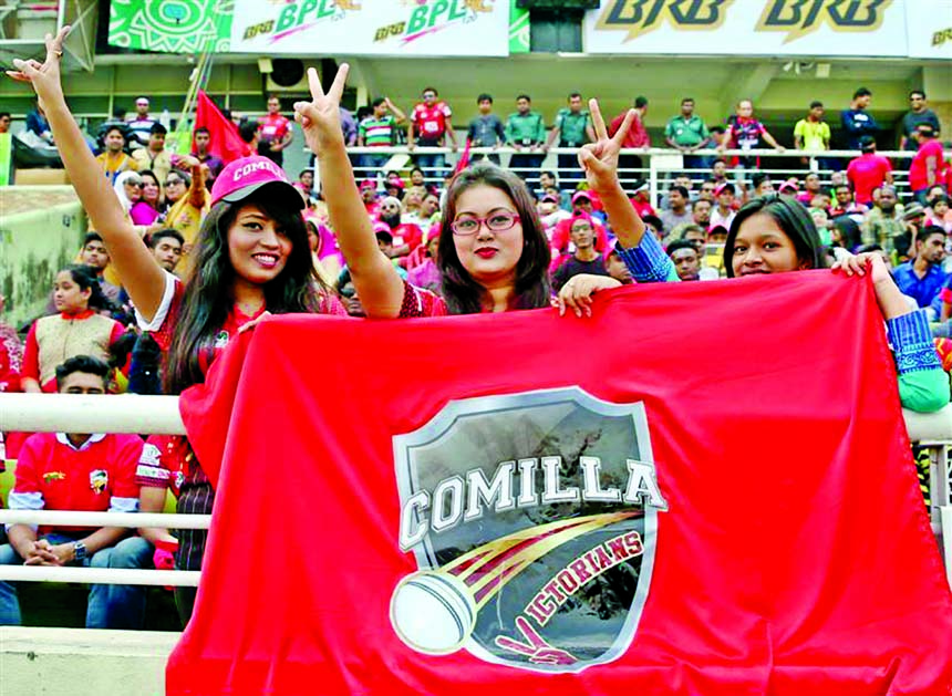 The female fans of Comilla Victorians showing victory sign after Comilla Victorians beat Rangpur Riders by nine wickets in their Twenty20 cricket match of 3rd Bangladesh Premier League at the Sher-e-Bangla National Cricket Stadium in Mirpur on Friday. Ban