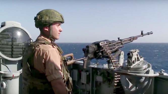 The Russian solder seen with missile cruiser Moskva nearer to the Syrian coast, near the city of Latakia