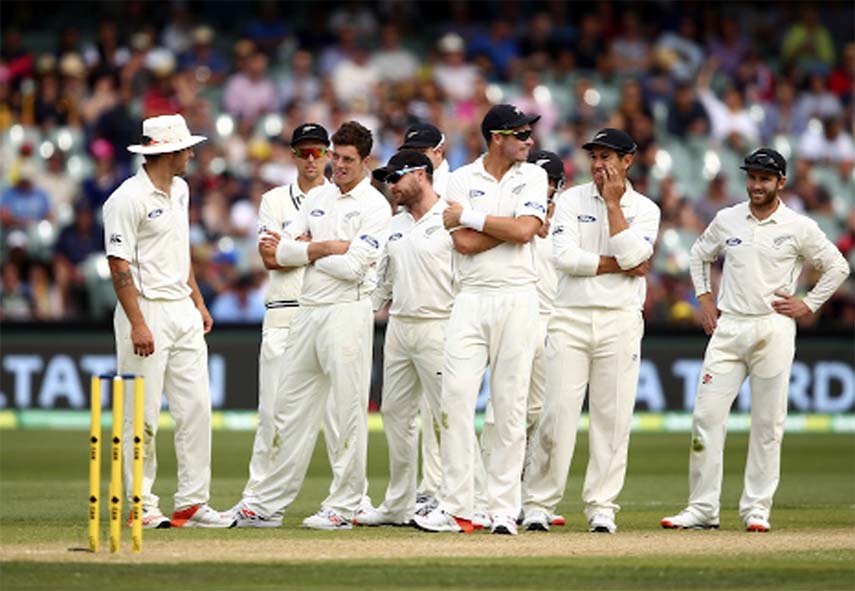 New Zealand player look on after Nathan Lyon of Australia was give not out on DRS review during day two of the third Test match between Australia and New Zealand at Adelaide Oval in Adelaide, Australia on Saturday.