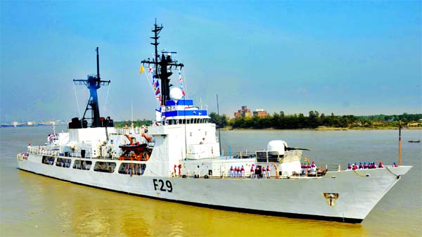 Bangladesh Navy receives new warship procured from named 'Samudra Avijan' while it reaches at Chittagong naval jetty on Saturday. Banglar Chokh