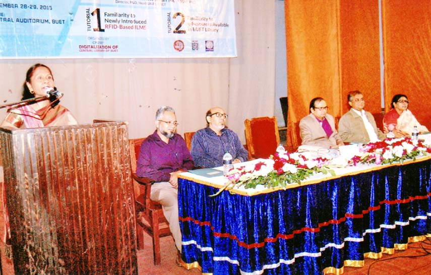 Prof. Khaleda Ekram, Vice-Chancellor, BUET delivering speech at the inaugural ceremony of Tutorial on Digital Resources of Central Library of BUET through the HEQEP Sub-Project CP-2107 on Saturday at the University Central Auditorium organized by BUET Cen