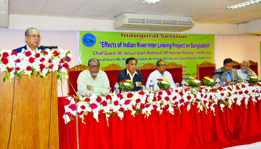 Water Resources Minister Anisul Islam Mahmud speaking at a seminar on 'Effects of Indian River Inter Linking Project on Bangladesh' at ERC Conference Hall of IEB Bhaban in the city on Wednesday.