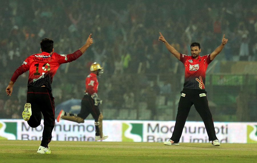 Mashrafe Bin Mortaza celebrates the wicket of Ryan ten Doeschate during the Bangladesh Premier League match between Comilla Victorians and Dhaka Dynamites at the Zahur Ahmed Chowdhury Stadium in Chittagong on Wednesday.