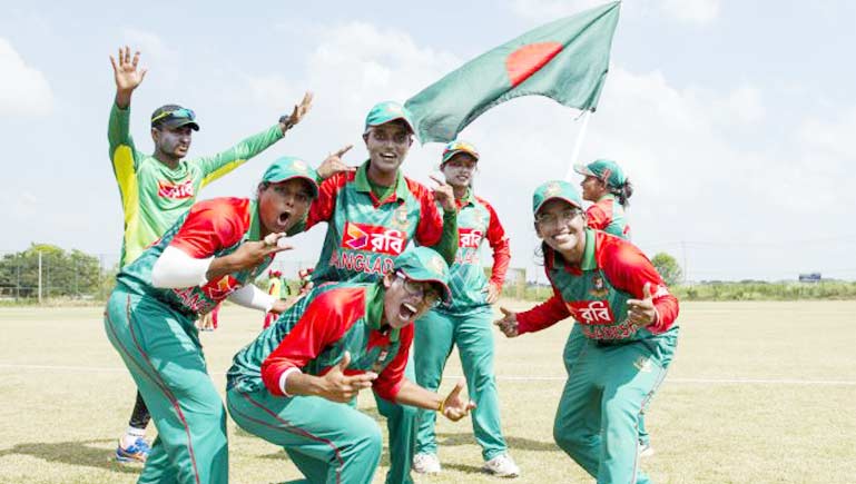 Some players of Bangladesh National Women Cricket Team celebrate the victory