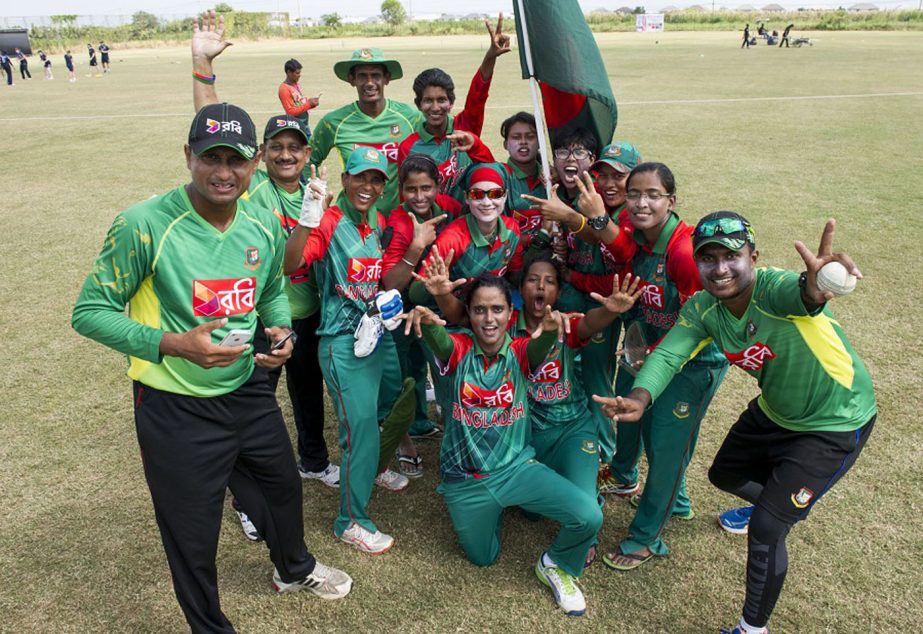 Bangladesh bowled Zimbabwe out for 58 to qualify for the Women's T20 World Cup. Members of Bangladesh Women Cricket team celebrate after reaching final on Thursday.