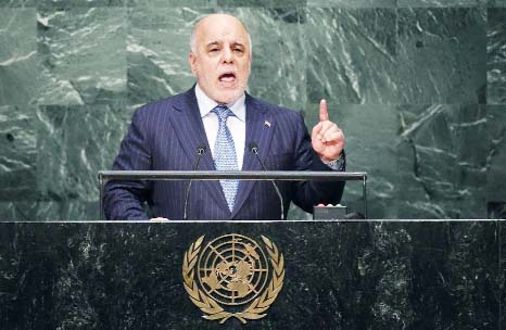 Iraq's Prime Minister Haider Al Abadi addresses the 70th Session of the United Nations General Assembly at the UN in New York.