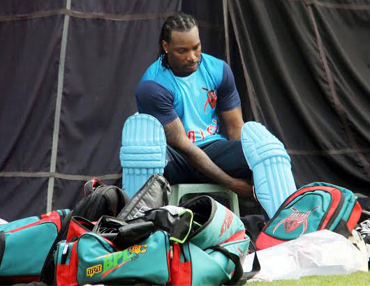 Batting sensation Chris Gayle during his practice session at the BCB Academy ground on Saturday.