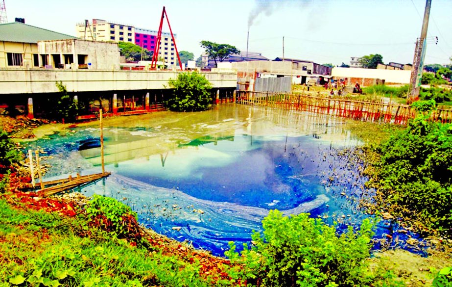 Liquid chemical wastes from mills and factories flow into canals linked with Shitalakkhya River polluting water and environment. This photo was taken from Demra area on Saturday.