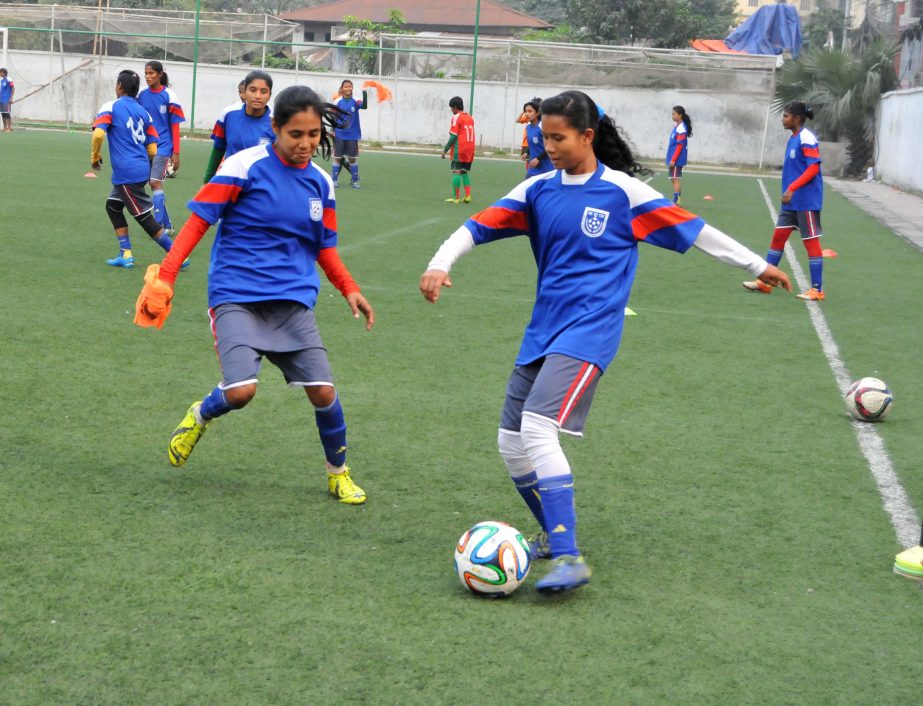 An action from the practice match of Bangladesh National Women's Football team at the BFF Artificial Turf on Sunday.