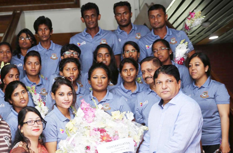 Bangladesh National Women's Cricket team receiving bouquet from BCB officials at the Hazrat Shahjalal International Airport on Sunday. Bangladesh National Women's Cricket team confirmed their participation berth in the ICC Twenty20 World Cup. Bangladesh