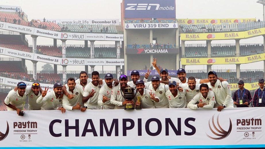 India are crowned series champions during day five of the 4th Paytm Freedom Trophy Series Test match between India and South Africa held at the Feroz Shah Kotla Stadium in Delhi, India on Monday.