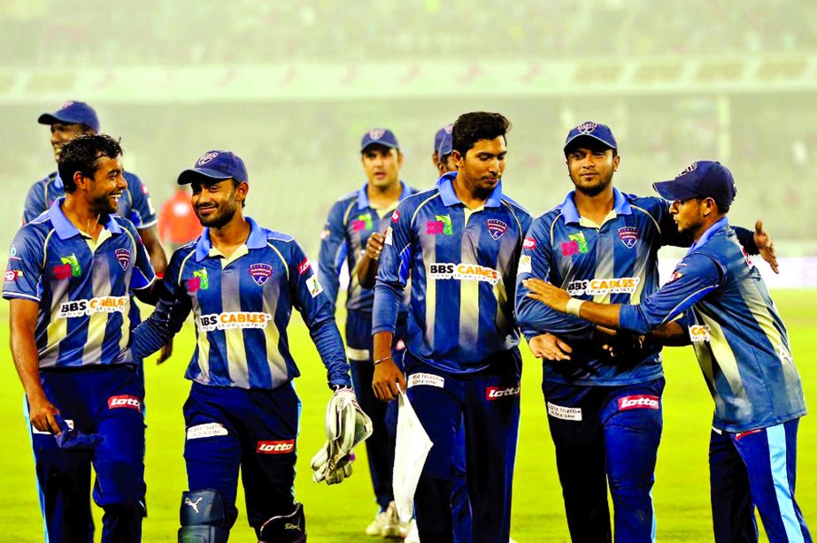 Players of Rangpur Riders walk off a happy lot after dismissing Sylhet for 59 in the 3rd Bangladesh Premier League at the Sher-e-Bangla National Cricket Stadium in Mirpur on Monday.