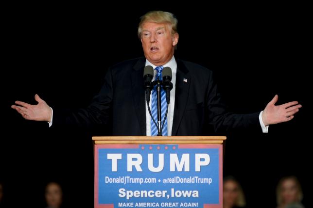 U.S. Republican presidential candidate Donald Trump speaks during a campaign stop in Spencer, Iowa December 5, 2015.