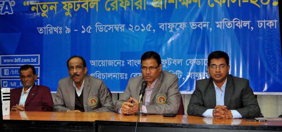 Vice-President of Bangladesh Football Federation (BFF) Badal Roy speaking at the inaugural ceremony of Referees' Coaching Course at the BFF House on Wednesday.