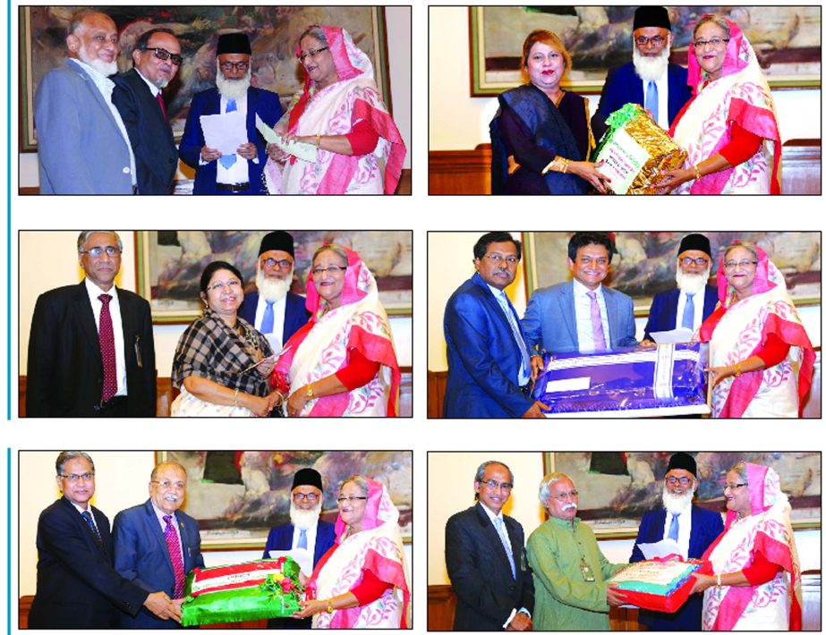 Prime minister Sheikh Hasina, receiving aid from the several banks at Gono Bhaban on Wednesday for distribution among the cold-hit people